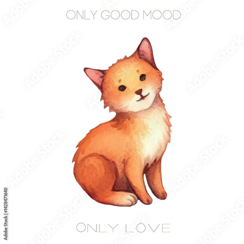 A cute ginger watercolor cat in vector style. Fluffy, playful, and perfect for cozy designs, prints, and pet-themed illustrations in soft warm tones.