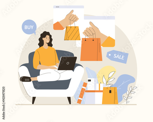 Shopping online. Woman making purchases, ordering delivery and paying with credit cards. Flat vector illustration.