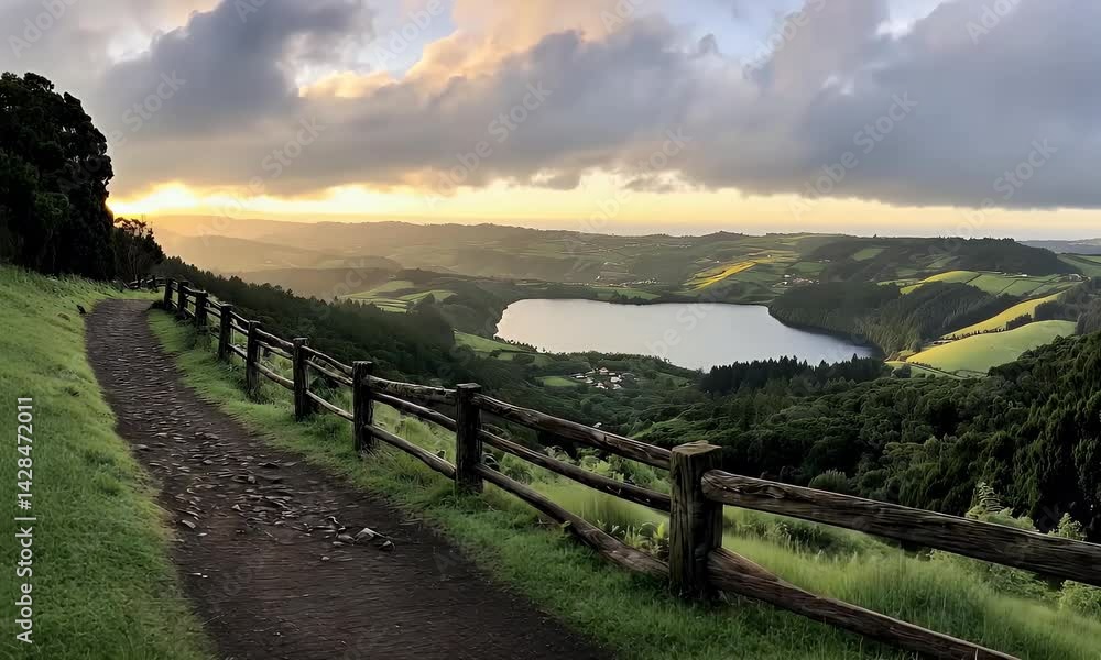Wooden path stretches through green hills by the lake under a dramatic purple and pink sunset sky with large rolling clouds. Wooden path stretches through green hills by the lake under a dramatic purple and pink sunset sky with large rolling clouds.