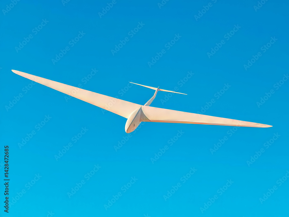 A white airplane is flying in the sky. The sky is blue and clear. The airplane is very long and has a pointed nose