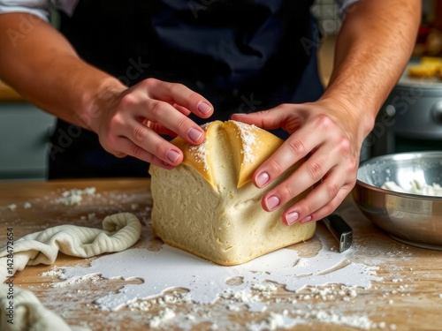 Obraz na płótnie A person is making a sandwich with a knife. The bread is sliced in half and the person is putting toppings on it w salonie