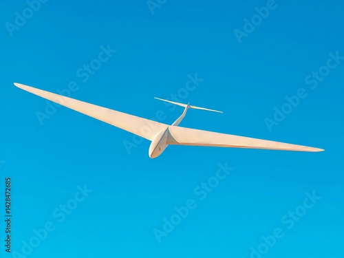 A white airplane is flying in the sky. The sky is blue and clear. The airplane is very long and has a pointed nose