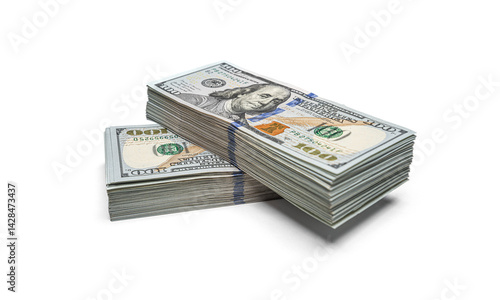 Two stacked bundles of U.S. hundred-dollar bills lie on a white background, symbolizing wealth, financial stability, and capital reserves.