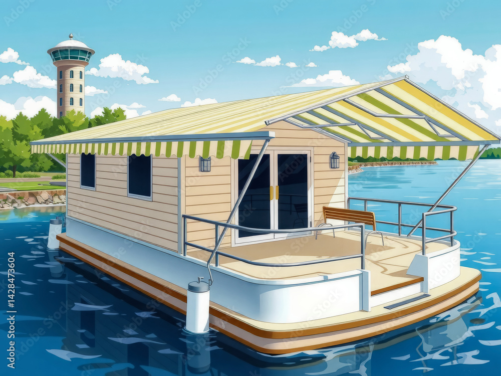 A small boat with a white and yellow roof is floating on the water. The boat is surrounded by trees and a lighthouse in the background