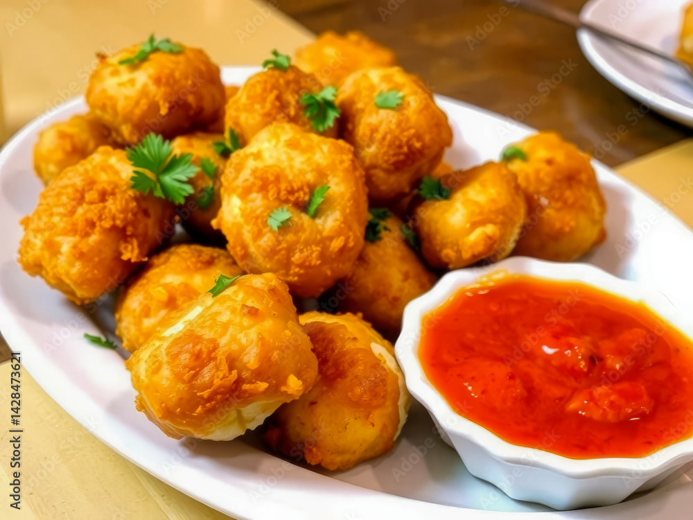 A plate of fried chicken with a dipping sauce. The sauce is red and the chicken is golden brown