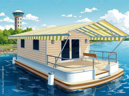Obraz na płótnie A small boat with a white and yellow roof is floating on the water. The boat is surrounded by trees and a lighthouse in the background w salonie
