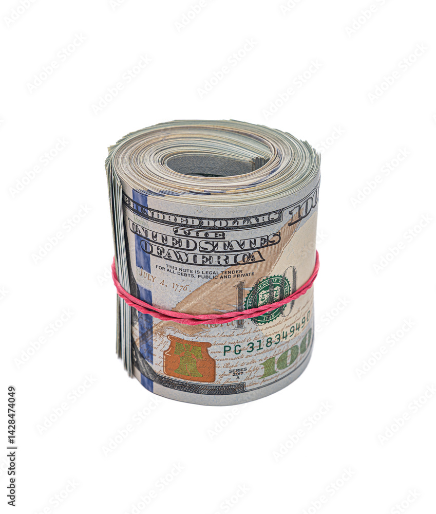 A thick roll of U.S. hundred-dollar bills secured with a red rubber band is displayed against a white background, symbolizing wealth, savings, or financial security.