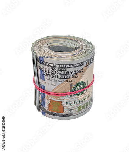 Obraz na płótnie A thick roll of U.S. hundred-dollar bills secured with a red rubber band is displayed against a white background, symbolizing wealth, savings, or financial security. w salonie