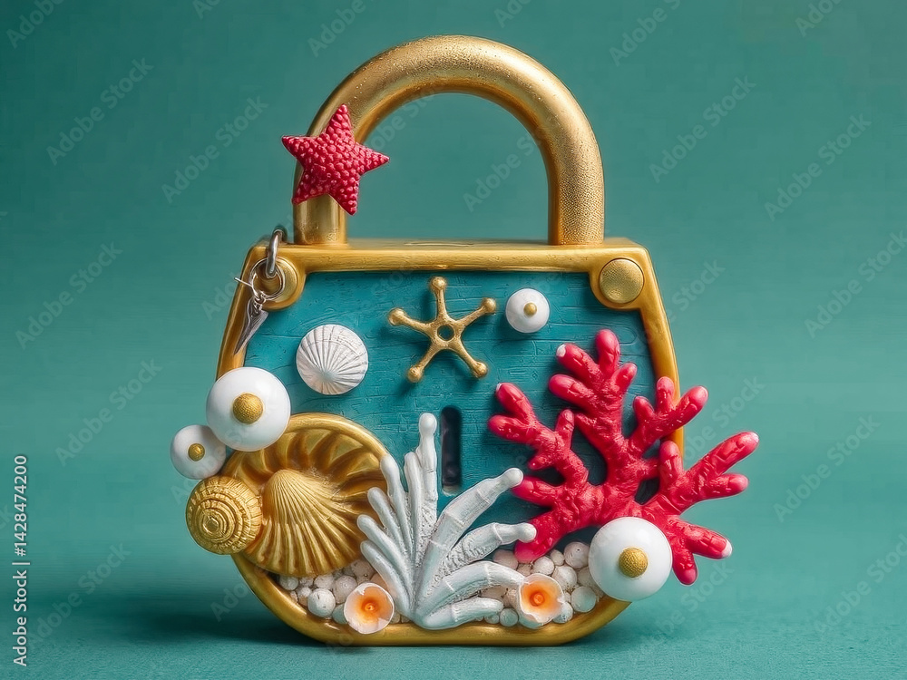 A lock with a star and seashells on it. The lock is gold and blue. The seashells and star are made of clay