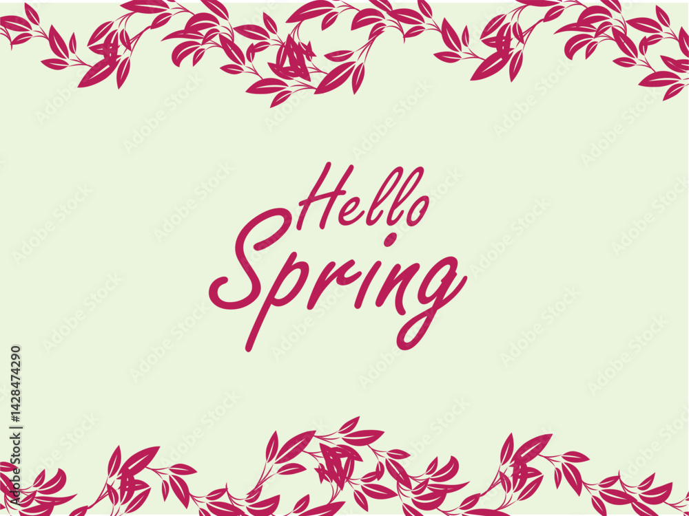 Hello Spring Floral Design with Pink Leaves and Green Background Hello Spring Floral Design with Pink Leaves and Green Background