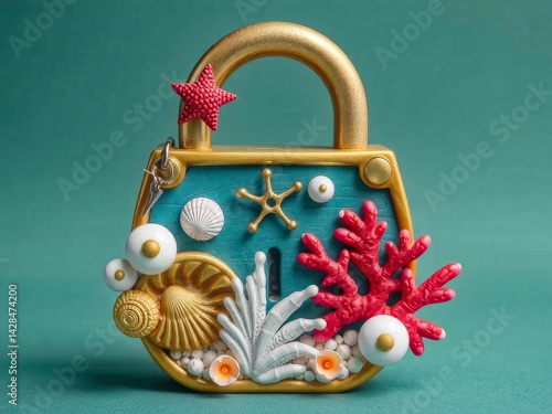 Obraz na płótnie A lock with a star and seashells on it. The lock is gold and blue. The seashells and star are made of clay w salonie