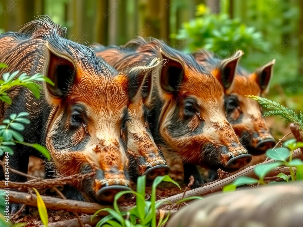 Three pigs are standing in a forest, with one of them looking at the camera. Scene is peaceful and serene, as the pigs seem to be enjoying their time in the woods