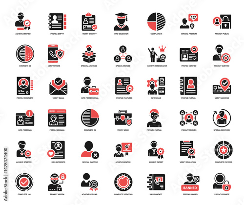 user account profile status red black icon set, minimal personal address partial