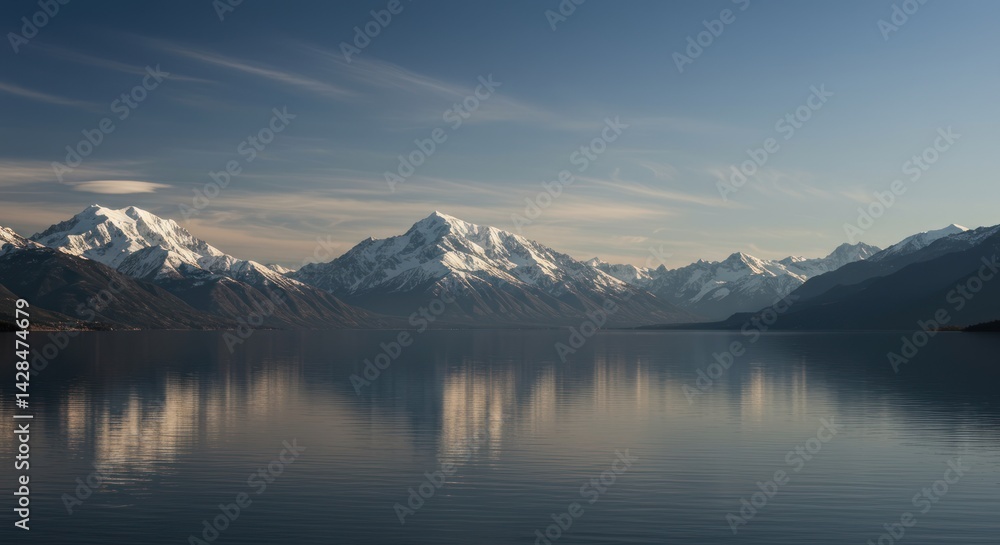 Snowy mountains reflect in calm water under a blue sky with wispy clouds. Snowy mountains reflect in calm water under a blue sky with wispy clouds.