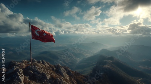 Turkish flag on mountain peak