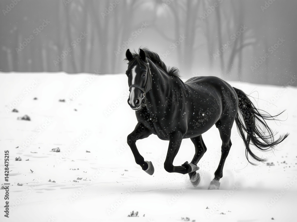 A black horse is running through the snow. The image has a mood of freedom and excitement, as the horse is running with its head held high and its mane flowing in the wind