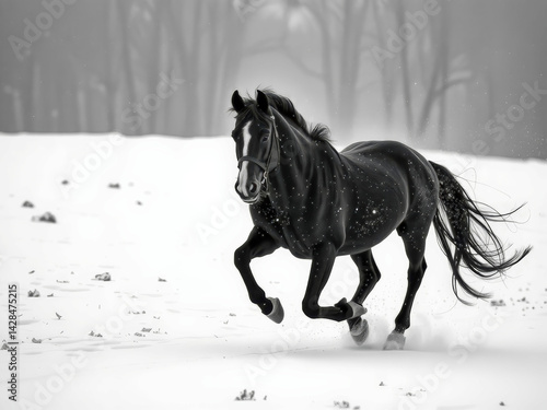 Obraz na płótnie A black horse is running through the snow. The image has a mood of freedom and excitement, as the horse is running with its head held high and its mane flowing in the wind w salonie