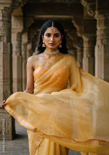 Indian woman in yellow saree portrait traditional clothing fashion shoot pose