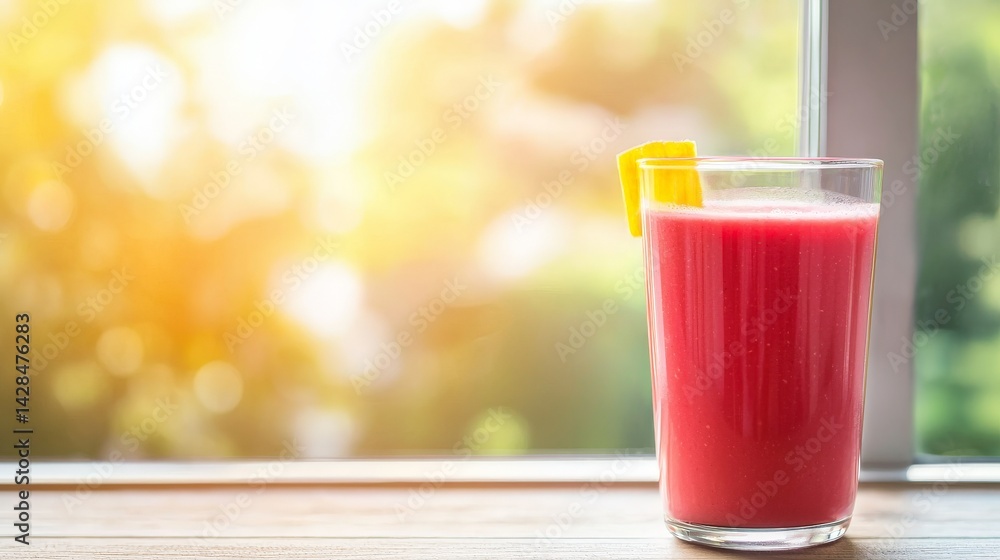 Rejuvenation Through Detox and Nutrient-Rich Wellness Choices, A refreshing red drink garnished with a lemon slice, set against a sunlit background.