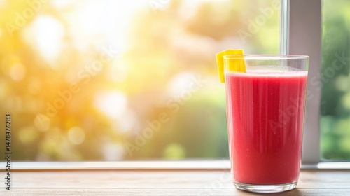 Obraz na płótnie Rejuvenation Through Detox and Nutrient-Rich Wellness Choices, A refreshing red drink garnished with a lemon slice, set against a sunlit background. w salonie