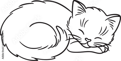 Cute Sleeping Kitten Line Art.