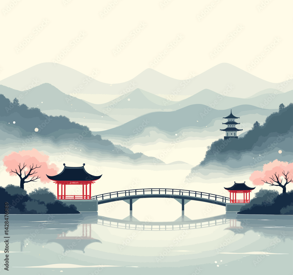 Obraz premium Asian Landscape with Bridge, Pagoda, and Cherry Blossoms