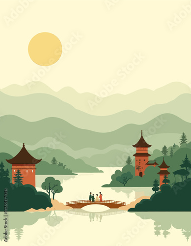 Asian Pagodas and Family on Bridge Landscape Illustration