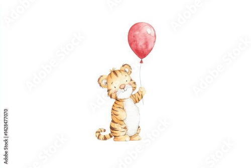 Cute Tiger with Balloon Watercolor Illustration on White Background, Year of the Tiger, Animal Art
