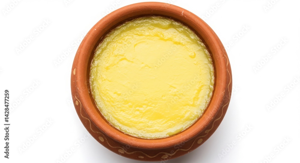 Ghee in earthen pot, top view on white background Ghee in earthen pot, top view on white background