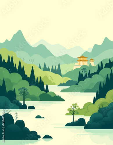 Asian Temple Landscape with River and Forest Greens