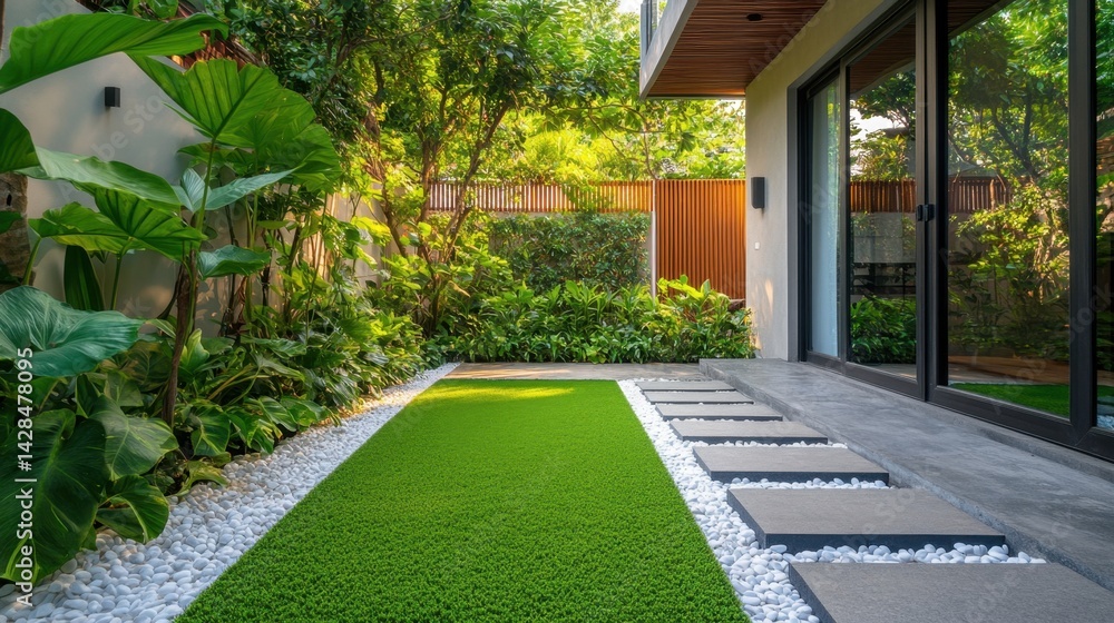 Fototapeta premium Lush garden path with modern design