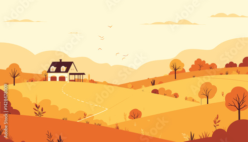 Autumnal Landscape with House, Hills, and Birds