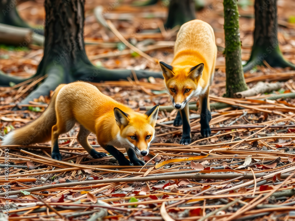Two foxes are walking through the woods, one of which is looking at the camera. Scene is peaceful and serene, as the foxes seem to be enjoying their time in the natural environment