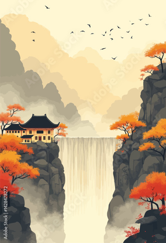 Asian Temple by Waterfall with Autumn Trees and Birds