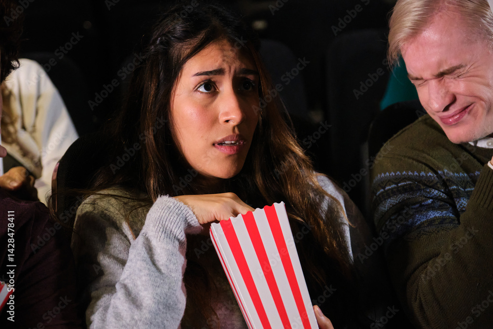 Spectators experiencing different emotions during film projection in a movie theater
