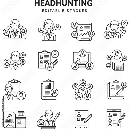 Headhunting icon set with editable stroke. Recruitment thin line icon collection. Vector illustration.icon silhouette vector style 