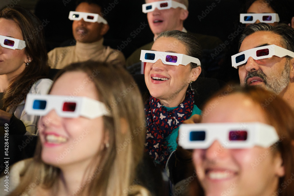 Group of people wearing 3d glasses watching a 3d movie at the cinema, enjoying the show