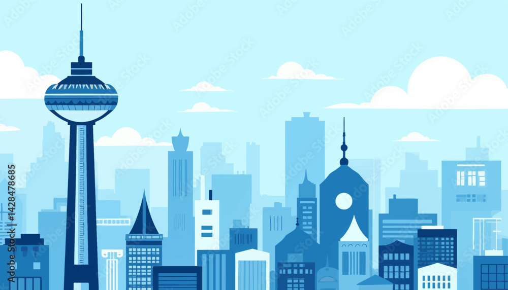 Fototapeta premium Blue Monochromatic Cityscape with Tower