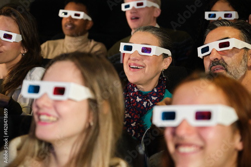 Obraz na płótnie Group of people wearing 3d glasses watching a 3d movie at the cinema, enjoying the show w salonie