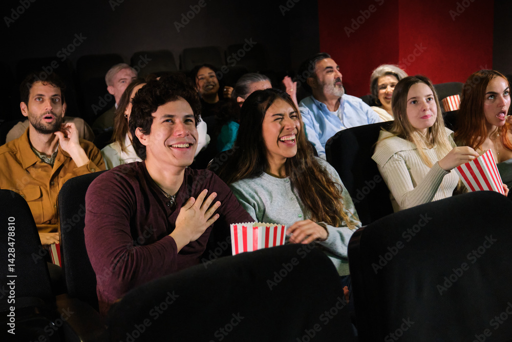 Diverse group of friends having fun watching a comedy movie at the cinema, laughing and eating popcorn