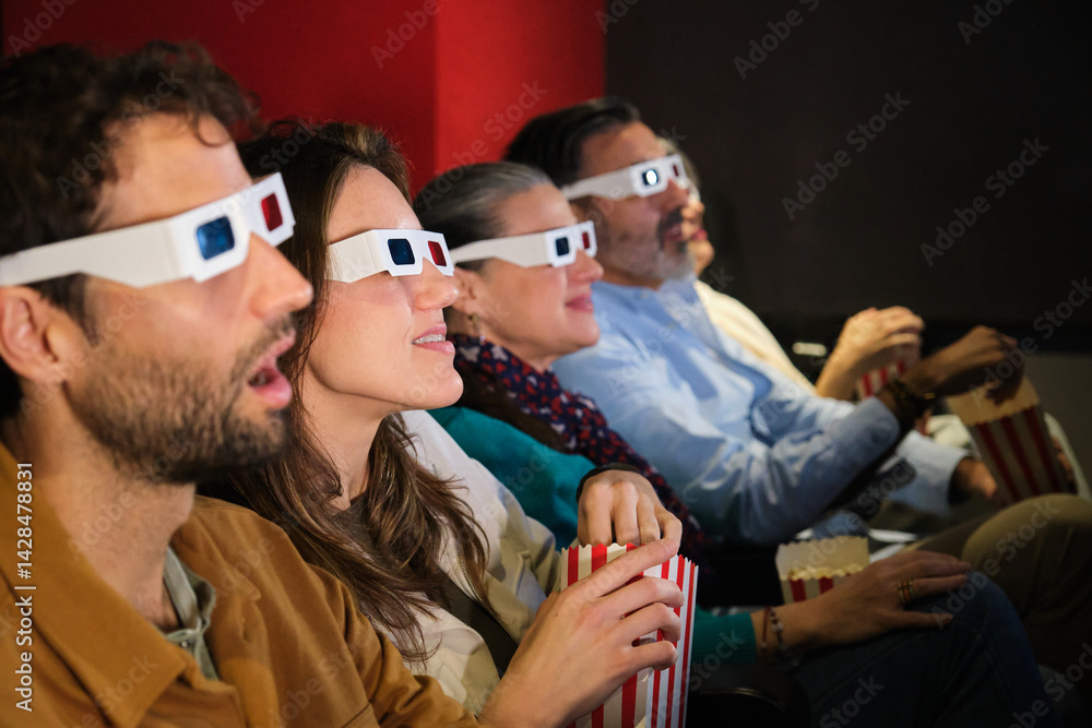 Group of friends wearing 3d glasses watching a movie at the cinema and eating popcorn