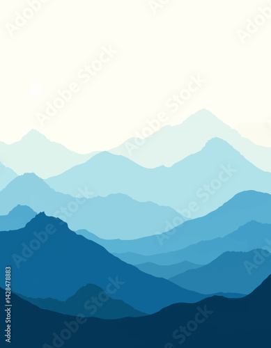 Blue mountain range silhouette with sun graphic art