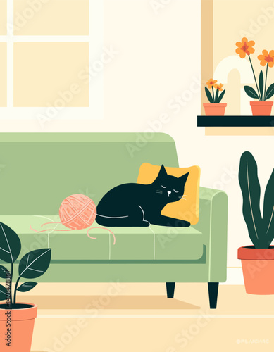 Black cat naps on a green couch with yarn and plants