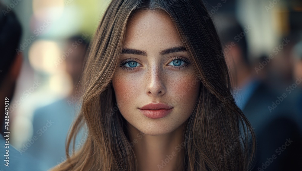 Young woman with long brown hair stares at the viewer in a crowd.