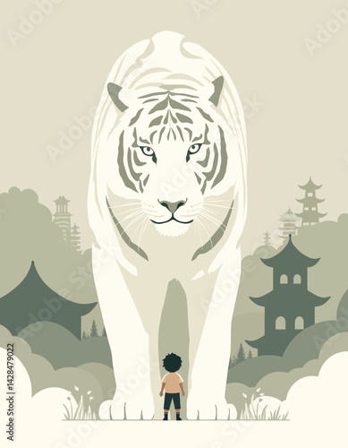 Boy Facing Giant White Tiger, Asian Pagodas Background