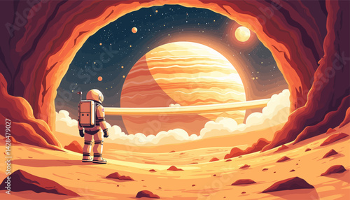 Astronaut Gazing at Ringed Planet from Cave Entrance