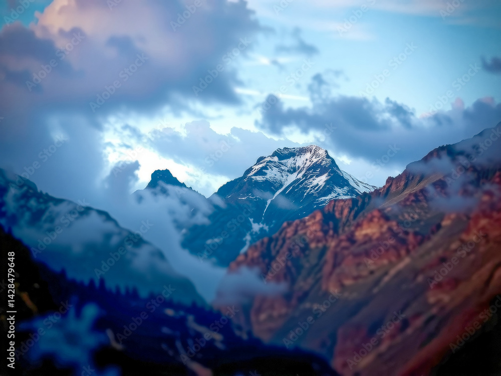 The mountains are covered in snow and the sky is cloudy. The mountains are majestic and the clouds add a sense of mystery to the scene