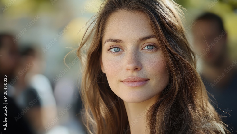 Woman with long brown hair smiles in an outdoor setting with blurred people. Woman with long brown hair smiles in an outdoor setting with blurred people.