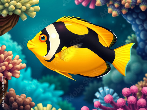 A yellow and black fish swimming in a coral reef. The fish is the main focus of the image, and the coral reef serves as a colorful and vibrant background. Concept of tranquility and beauty