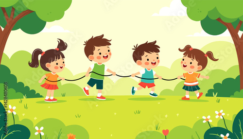 Cartoon children playing limbo outdoors in a green park